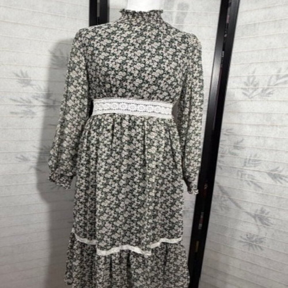 In Loom Dress Small Black Floral Cottagecore Lace Tiered Smocked Mock Neck Maxi